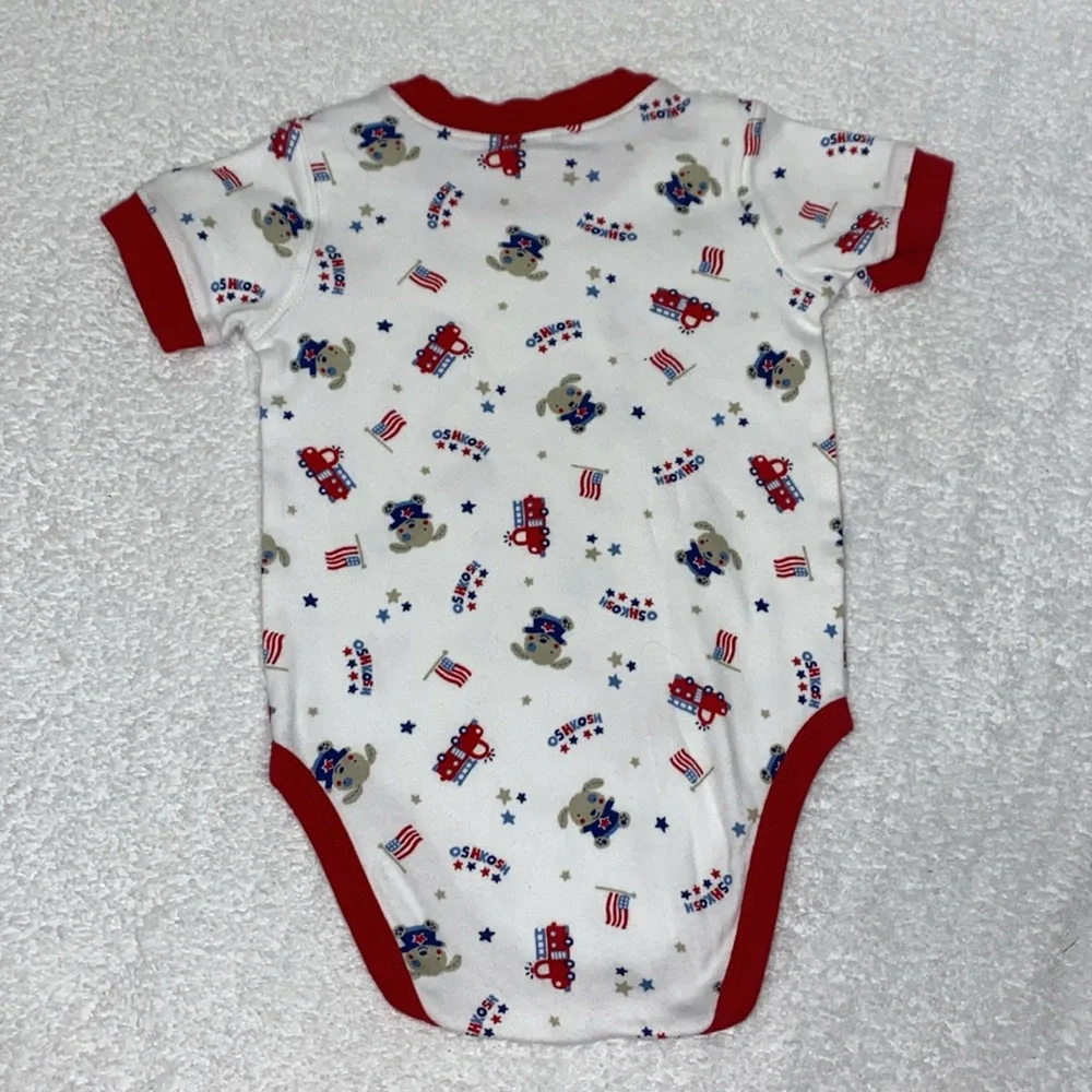 OshKosh B'gosh Baby Bodysuit Red White blue fire truck stars dog 12m
